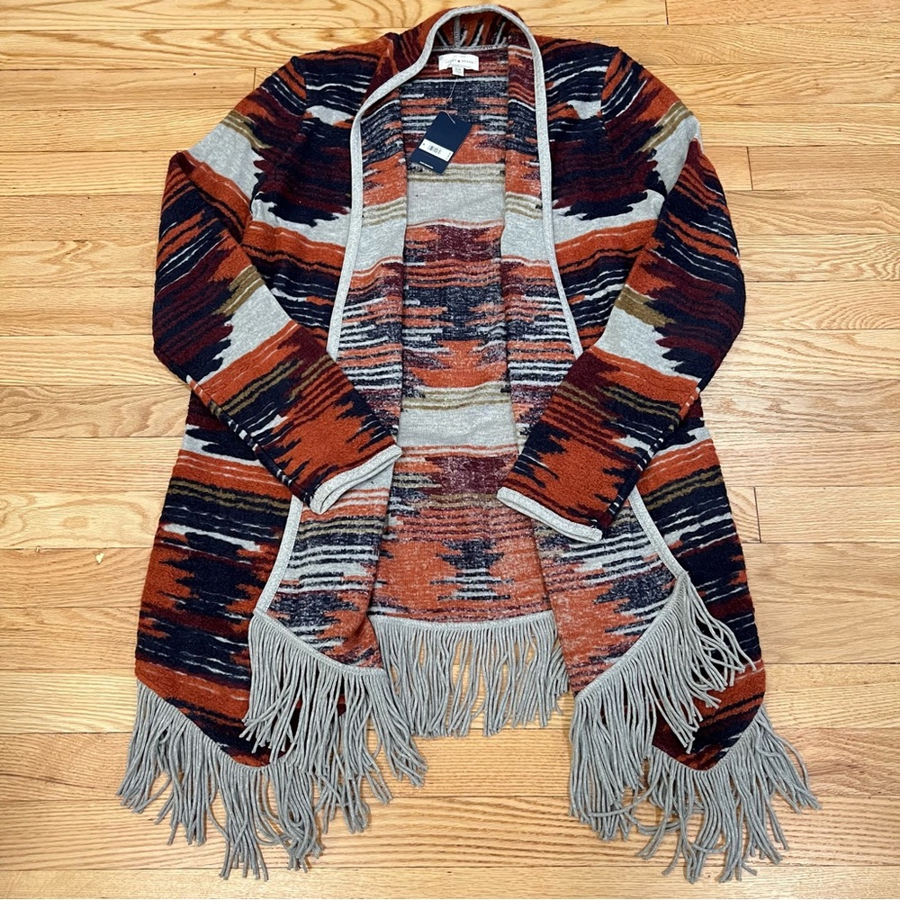 Lucky Brand Women's Medium Aztec Costal Cowgirl Fringe Trim Cardigan Sweater